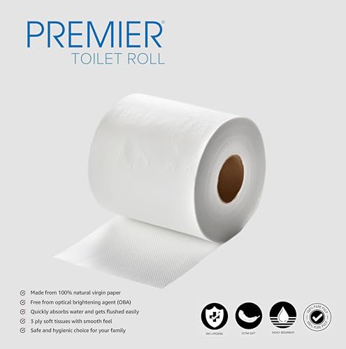 Image of Premier Toilet Tissue Paper Rolls (1600 Pulls) | 2-Ply Soft and Highly Absorbent | 160 Pulls x 10 Rolls | Biodegradable | Clog Free | Flushable | Easy to Tear | Family Pack (10in1) Toilet Paper Roll