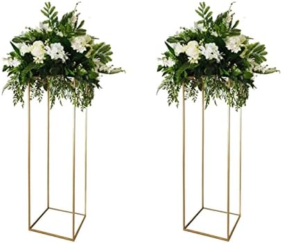 Simprefine 2 Pack 24'' Tall 8'' Diameter Shiny Gold Wedding Flower Stand Metal Vase Column Stand Geometric Centerpiece Vases Iron Display Rack Backdrop Frame for Event Party Table Decoration