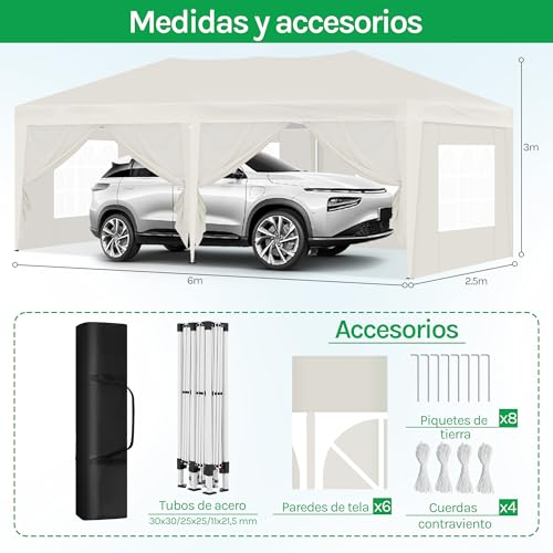 Miniatura 8 de Laneetal Gazebo De Jardín 3x6 M, Carpa Plegable E Impermeable, Pergola Jardín Marco Metalico, Pabellón Cenador Para Camping Y Fiestas, 6 Paredes Laterales Y 4 Ventanas, Beige