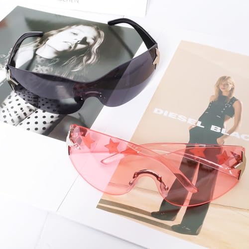 2 Pairs Fashion Y2k Sunglasses Star Sunglasses Oversized Frameless Black and Pink Glasses for Women Men Driving Shopping Riding Street Photography4