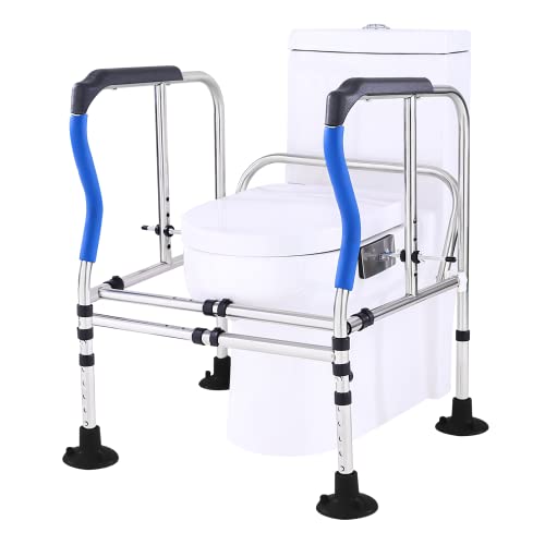 ZeptX Toilet Safety Rails Frame，Upgrade Heavy Duty Double Crossbar and Suction Cups, Free Standing with Handles for Elderly（330lbs）Handicap & Disabled, Height Width Adjustable, Fit Any Toilet