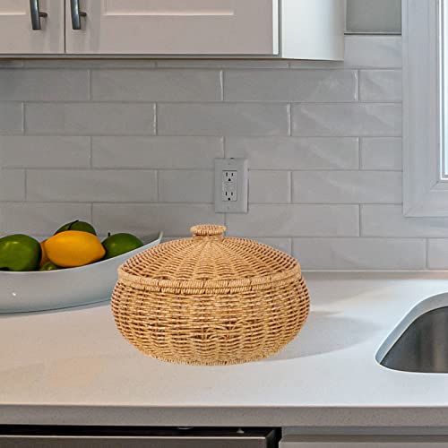 Cabilock Rattan Basket Round Storage Basket With Lid Handmade Rattan Baskets Woven Basket Box Desktop Sundries Organizer Decorative Container For Fruit Snack Bread Veggie Woven Baskets #TOP4