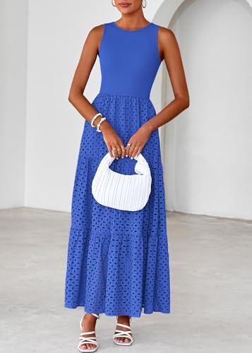 Lazysmile Womens Summer Dresses Crewneck Sleeveless A-Line Hollow Out Eyelet Tiered Tank Maxi Dress Sundress with Pockets Royal Blue — view 5