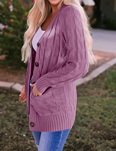 Zesica Women's Casual Long Sleeve Button Down Open Front Cable Knit Cardigan Sweater Coat,Purple,Small #TOP2