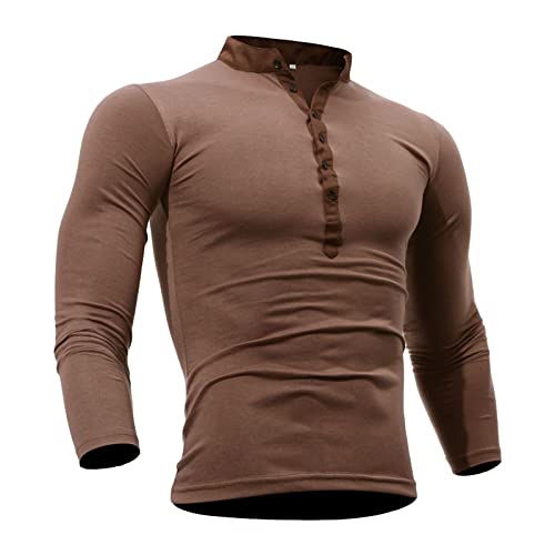 Mens Long Sleeve Henley Shirts Casual Button Down V Neck T Shirts Fashion Vintage Classic Pullover Shirts (X-Large,Brown)