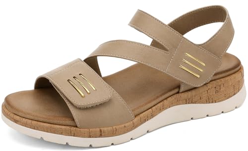Image of UBFEN Womens Low Wedge Walking Sandals with Arch Support | Open Toe Sandals Adjustable Instep and Ankle Straps for Summer Everyday Outfits, Travel,Vacation