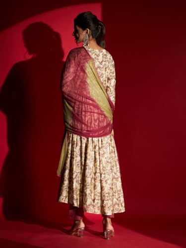 Image of Naixa Women's Viscose Rayon Embroidered and Printed Flared Kurta with Pant and Dupatta Sets (NK-410)