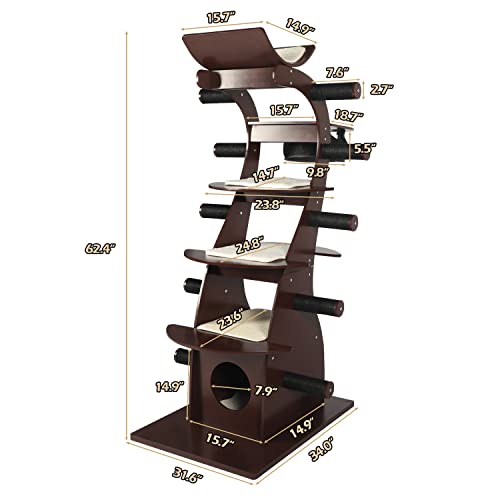 Ltmeuty Modern Wood Cat Tree - 62 In Cat Tower With Multi-Layer Platform, Tall Cat Play Houses With Cat Scratching Posts, Hammock, Climbers, Sturdy Large Cat Tree For Indoor Cats, Cat Condo Furniture #TOP5