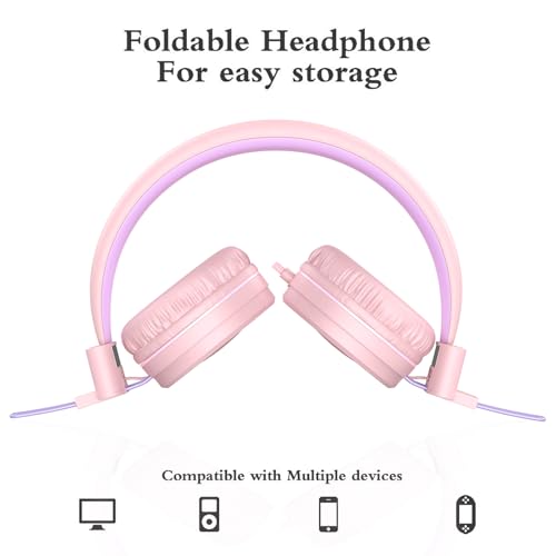 Image of ELECDER i37 Kids Headphones for School Child Girls Boys Teens, Peach /Purple | Foldable Adjustable Lightweight, 3.5mm Audio Jack On Ear Headphones for Smartphones Chromebook Computer PC Tablets Travel