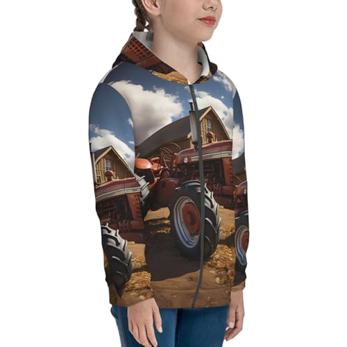 Red Tractor Print Girls Athletic Zip Up Hoodies,Sweatshirts with Pockets Long Sleeve Hooded Jackets, for 7-18 Y3