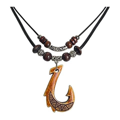 Nove Jewelry Leather Brown Hawaiian Fish Hook Pendant Necklace Hemp Cord Chain - Maori Tribal Necklace - Adjustable Black Cord Cover