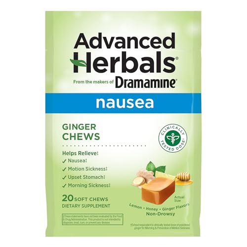 From the Makers of Dramamine, Advanced Herbals Ginger Chews for Nausea Relief, Morning Sickness Relief & Motion Sickness Relief During Travel, Lemon-Honey, 20 Count