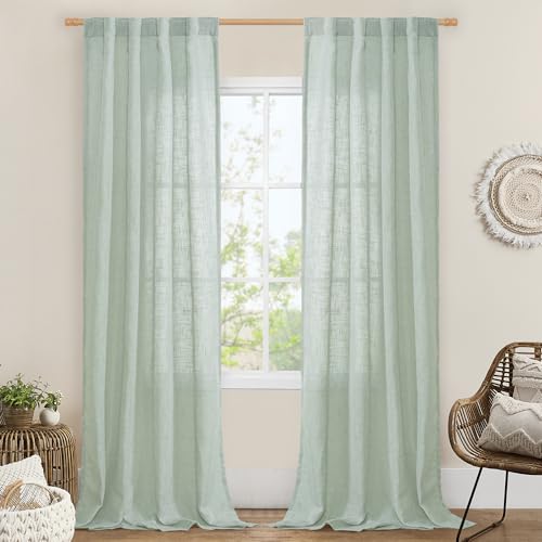 LAMIT Light Sage Linen Curtains 84 inch Length 2 Panels, Light Filtering Semi Sheer Panels Back Tab and Rod Pocket Neutral Drapes for Bedroom/Living Room, 34 x 84 Inch