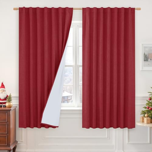 LAMIT 100% Blackout Linen Curtains 63 Inches Long, Linen Textured Living Room Christmas Panels Curtains Full Room Darkening Back Tab and Rod Pocket Drapes with White Liner, 2 Panels, Red, 60 x 63 Inch