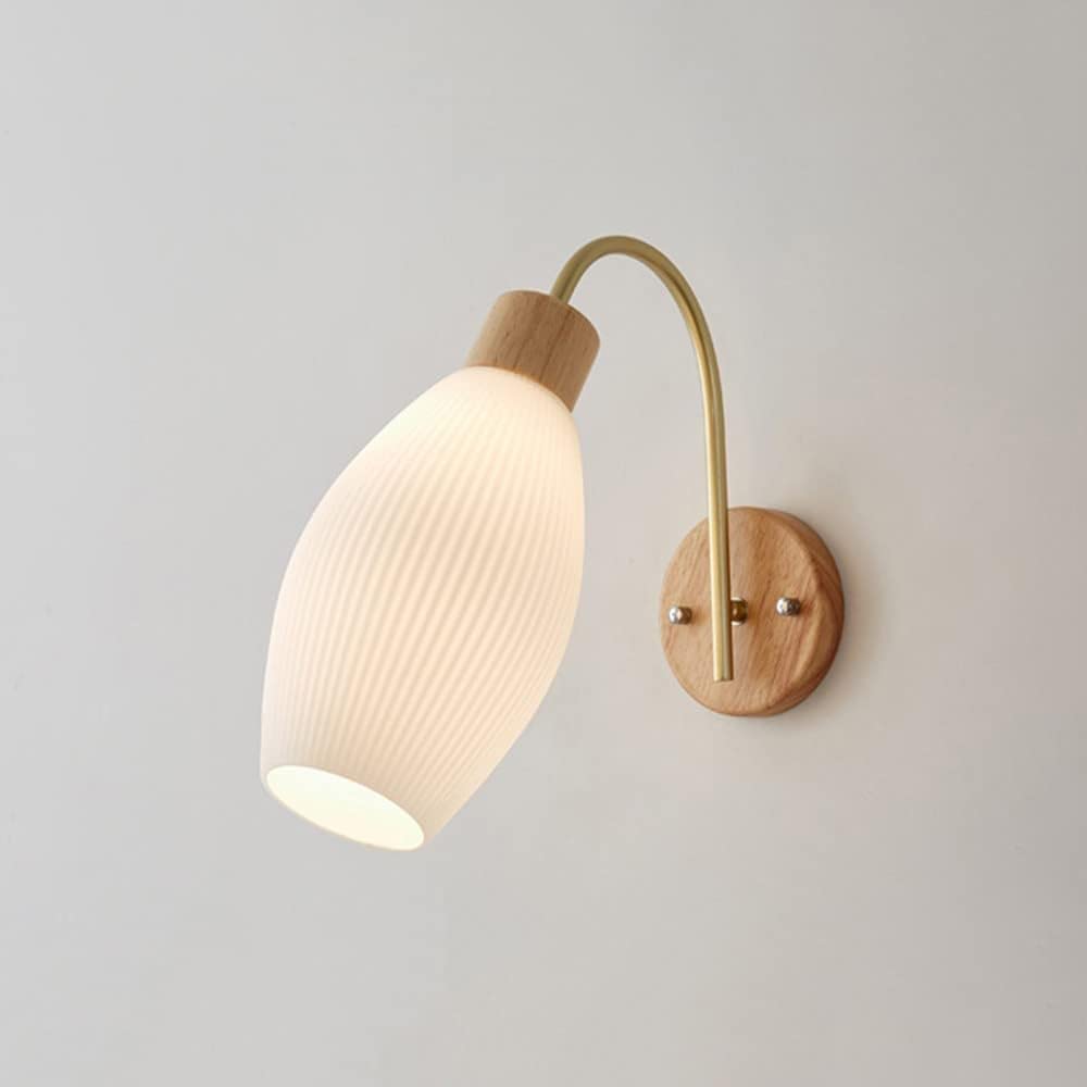 VGTLAKEX Wall Light Wall Sconce Wood Mount Light with White Ribbed Glass Elegant Bedroom Lighting Living Wooden Sconces E27 Headboard