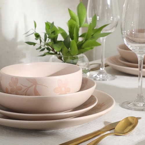 Image of Gibson Home Admiral Hall Plates and Bowls Set, 16-Piece Floral Dinnerware Set, Pink Stoneware Dish Set, Dinner Plates, Salad Plates, Pasta Bowls & Cereal Bowls