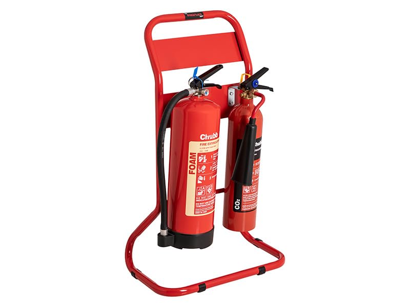 The Workplace Depot Twin Fire Extinguisher Stand Holds 2 Extinguishers (29kg) Chrome or Red Powder-Coated Tubular Steel Frame Tool-Free Assembly Office Warehouse & Showroom Safety (Red)
