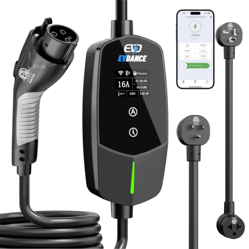 EVDANCE Level 1 & 2 Portable EV Charger, Smart App Control & WiFi/Bluetooth Enabled, 25ft Cable, ETL Listed J1772 EVSE for All EVs & PHEVs (Black, 16A Smart | NEMA 5-15&6-20(Standard Home Plug))