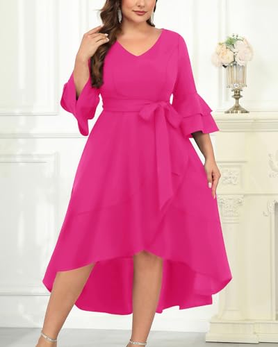Image of Plus Size Wedding Guest Dress - Double Bell Sleeve High Low Split Dresses | Semi formal cocktail dress, V-neck double bell sleeves with belted high-low split ruffle hem.