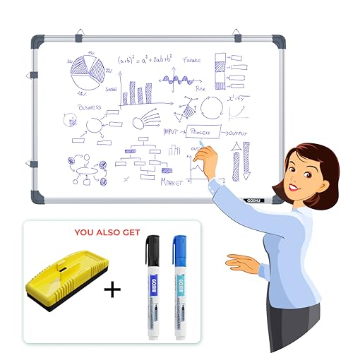 Image of GOSHU Non Magnetic White Board 1.5 feet x2 feet Double Sided White and Chalk Board Both Side Writing Boards Includes One White Board Duster, Two Whiteboard Markers (1.5x2 feet, Pack of 4 Items)