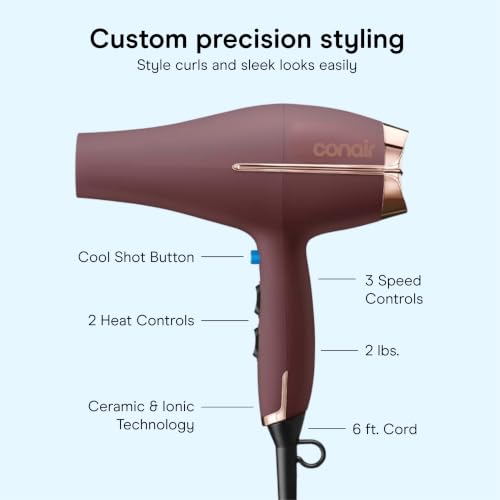 Image of Conair Professional AC Motor Hair Dryer | Fast Drying Professional Airflow for All Hair Types, Includes Concentrator and Diffuser, Plum, 650AML