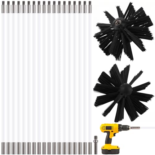 24FT Chimney Sweep Kit with 18 Flexible Nylon Rods 2 Brush Heads and Hex Shank Drill Adapter Flue Cleaning Brush Set for Fireplace and Stove Pipes