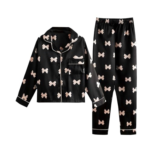 Alunsito 13-14 ans enfants bambin filles automne hiver pyjama ensemble pyjama haut pantalon satin deux pièces pyjamas avec nœud imprimé vêtements de nuit 160 noir