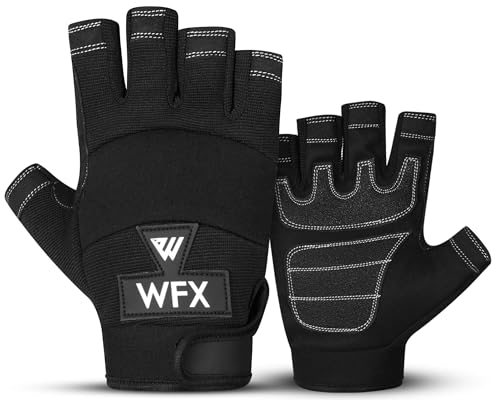 WFX Tough Fingerless Performance Gloves Protection Work Gloves, Padded Palm, Half-Finger Black (Small)