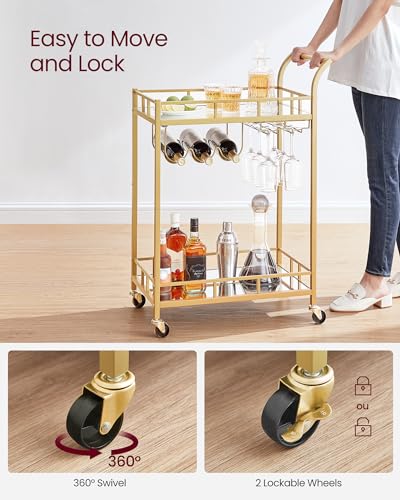 Image of VASAGLE Bar Cart Gold, Home Bar Serving Cart, Wine Cart with 2 Mirrored Shelves, Wine Holders, Glass Holders, for Kitchen, Dining Room, Gold ULRC092A62