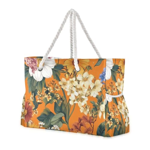 Autumn Flowers Sunflower Orange Large Capacity Big Tote Bags with side pocketes Weekender Overnight Bag for Pool Gym Grocery Travel