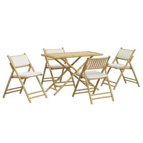 Cervaline Ensemble de Bistro Pliante 5 pcs et Coussins Blanc crème Bambou,Meubles,Mobilier de Jardin,Salons de Jardin,32.8 kg-3208935
