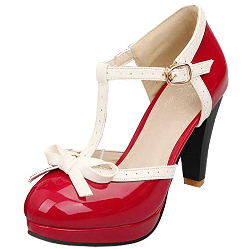 MAVMAX Women's Lolita Platform T-Strap Mary Jane Shoes Chunky High Heel Vintage Round Toe Pumps US 4, red