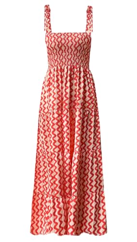Image of kinstell Women's Summer Boho Spaghetti Strap Square Neck Ruffle Casual Flowy Long Dress Beach Swing Party Maxi Dress