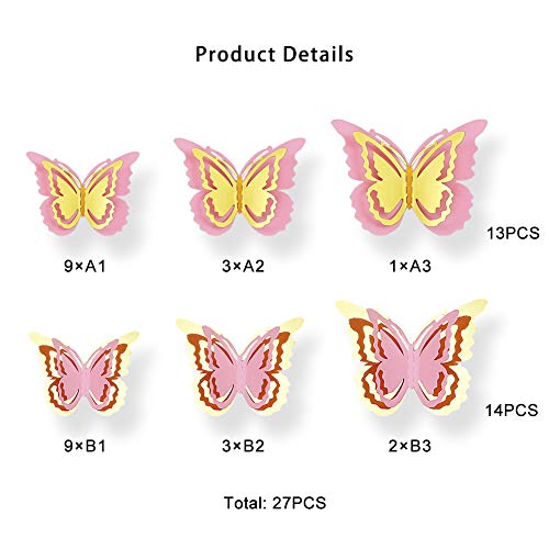 Pinkblume Gold And Pink Butterfly Decorations Stickers 3D Butterfies Wall Decor Diy Home Decorations Removable Wall Decals Murals For Home Living Room Babys Bedroom Showcase Nursery Art Decor (27Pcs) #TOP1
