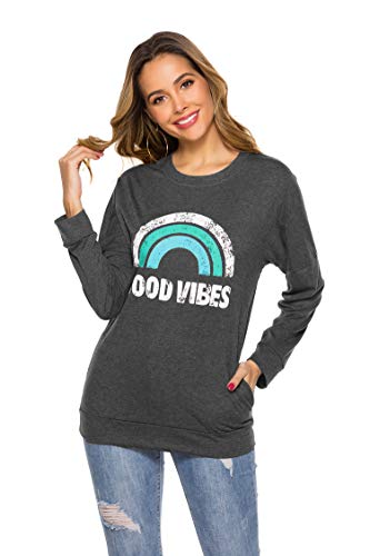 Hount Womens Good Vibes Long Sleeve Loose Tops Graphic T-Shirt Round Neck Casual Sweatshirts Tunic Top (Medium, Green Rainbow)