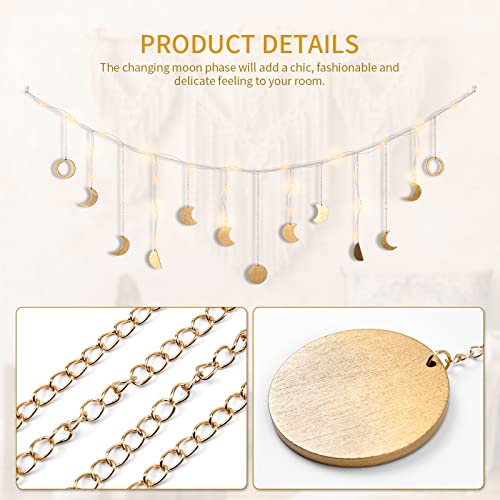 Mondphasen Girlande mit LED Lichterkette, Gold Wanddeko Boho, 144 cm 13 Monde Mond Girlande Aesthetic Boho Deko Girlande, Wandbehang Decor, Geburtstagsgeschenk Muttertagsgeschenk