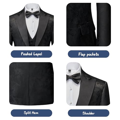 Mens Tuxedo 4 Pieces Slim Fit Suit Blazer Peaked Lapel Printed Vest Pants Bow Tie Wedding Prom Banquet Performance3