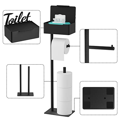 Tinpin Toilet Paper Holder Stand, Free Standing Black Toilet Paper Holder With Shelf And Storage, Toilet Paper Stand With Wipes Holder, Matte Black Toilet Paper Storage And Tissue Holder For Bathroom #TOP5
