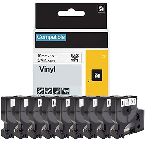 9-Pack Flylong Compatible Rhino 18445 3/4” Permanent Vinyl Tapes For Dymo 18445 Rhino Industrial Black On White Label Tape Work With Dymo Rhino 4200 5200 5000 6000 Industrial Label Maker, 19Mm X 5.5M #TOP2