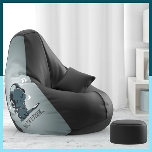Image of Biggie Bean Bag with Beans Filled 6XL Bean Bag with Free Cushion and Footrest - Official : BeanChic Combo (Matching Color : Printed, Yah I am Listening - Black Grey), Faux Leather