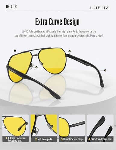Image of LUENX Aviator Sunglasses for Men Square Polarized Polygon Lens - UV 400 Protection with Accessories