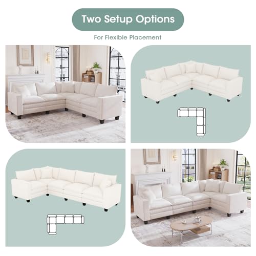 Image of 97 inch L Shaped Sectional Couch, Comfy Chenille Cloud Couch, 5 Seat Modular Cloud Sofa with 2 Pillows & Storage Armrests, Convertible V Shaped Corner Couch, Sectional Couches for Living Room, Beige