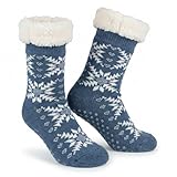MIJOMA Damen Hüttensocken Big Ice Flower – warme Winter-Stoppersocken mit ABS Sohle – dicke Kuschelsocken mit Fleece-Futter One Size 36–42 (Jeansblau)