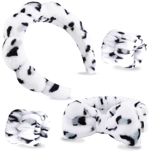 VELSCRUN 4 Pcs Spa Headband, Face Wash Headband, Skincare Headbands, Makeup Headband, Cow Leopard Puffy Sponge Hair Band Bow Tie Bubble Spa Headband Wristband Set Women Girls Hair Accessories Gifts