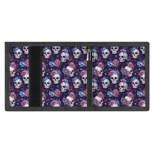 Pink Blue Rose Skull Print Wallet for Men, 8 Credit Card Holder Slim Minimalist Front Pocket Small Mens Bifold Wallets3