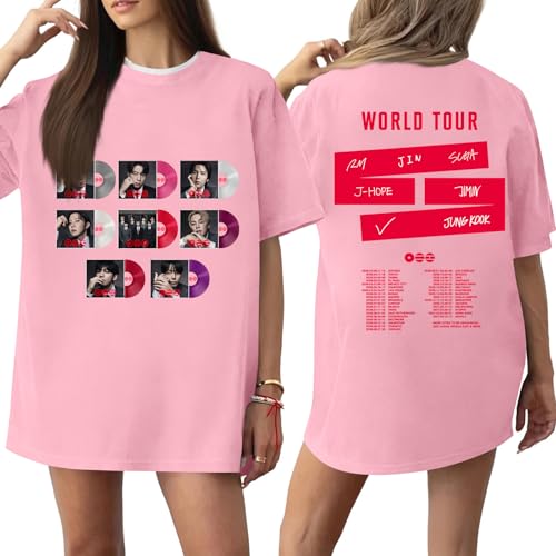 Arirang World Tour 2026-2027 Shirts, Kpop Boy Band Concert Graphic Tees, 7-Member K-Pop Idol Group Fan Merch, Crew Neck Short Sleeve Fan Souvenir Top Pink S