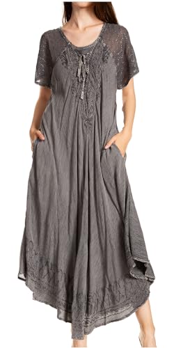 Image of Sakkas Egan Long Embroidered Caftan Dress /Cover Up with Embroidered Cap Sleeves