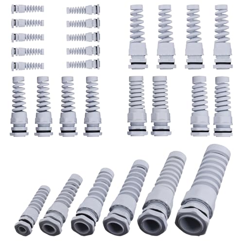 Keadic 22Pcs 6 Size Waterproof Cable Gland, Flex Spiral Strain Relief, Anti Bending Cable, Fixed Head Cable Protection, Nylon Joint Adjustable Locknut with Strain Relief White (L66cm-110cm)