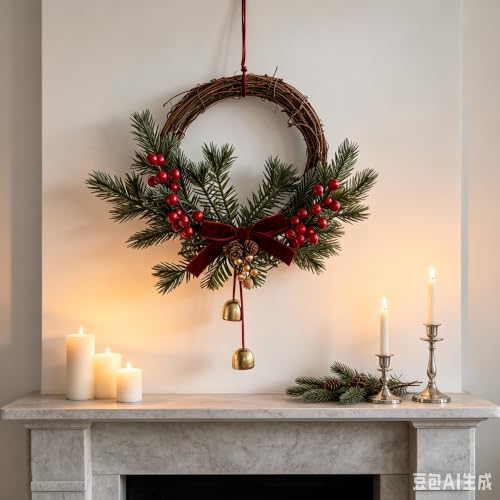 14 Inch Artificial Red Berries & Ribbons Christmas Wreath for Front Door (Red) - image 3