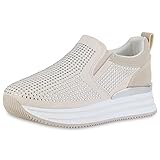  VAN HILL Damen Sneaker Slip Ons Keilabsatz Schuhe Profilsohle Keilsneaker Plateau Vorne Freizeitschuhe Strass Plateauschuhe 212215 Beige 40